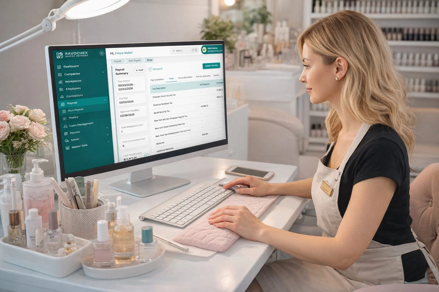 Salon owner working with the RAVO business dashboard