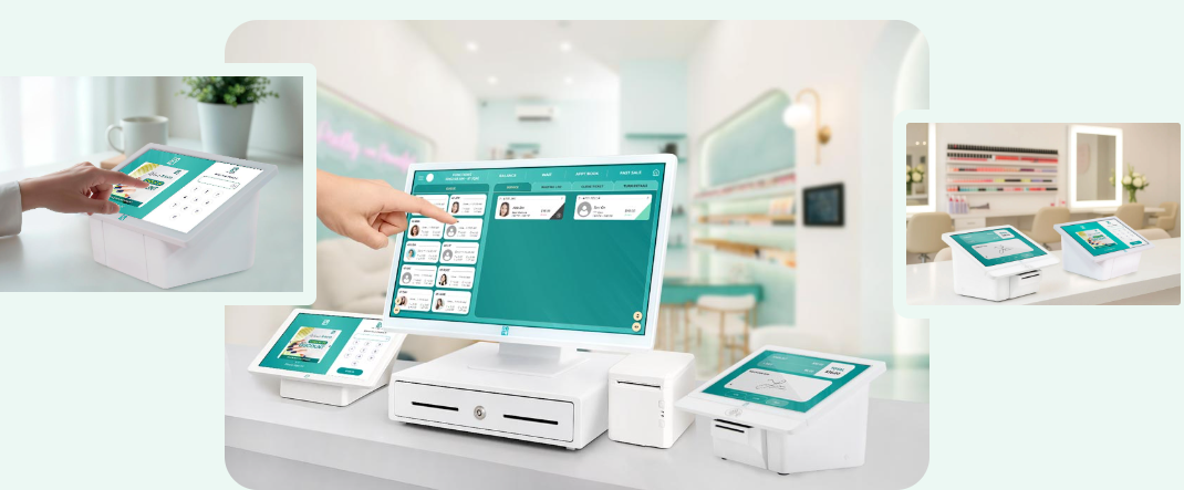 RAVO devices arranged across a salon counter